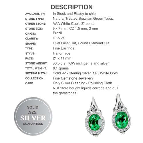Exotic Natural Brazilian Green Topaz White CZ Solid .925 Sterling Silver 14k White Gold Earrings