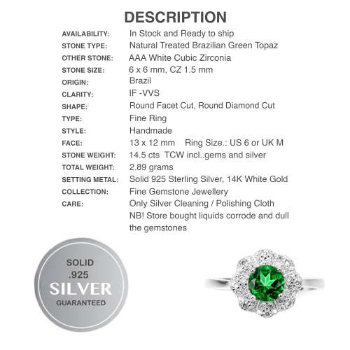 Natural Brazilian Green Topaz White CZ Solid .925 Sterling Silver 14k White Gold Ring Size 6 or M