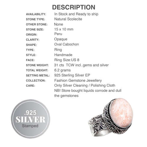 Natural Scolecite Oval Shape Gemstone in .925 Sterling Silver Plated Handmade Ring Size US 8 or Q