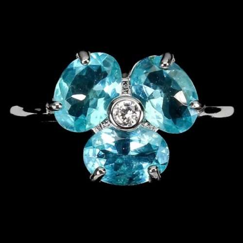 Natural Unheated Apatite, White Cubic Zirconia  Gemstone Solid .925 Silver 14K White Gold Ring Sz 7