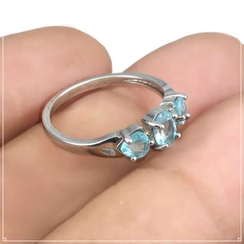 Natural Unheated Apatite, White Cubic Zirconia Solid .925 Silver 14K White Gold Ring Size 6.5 or N