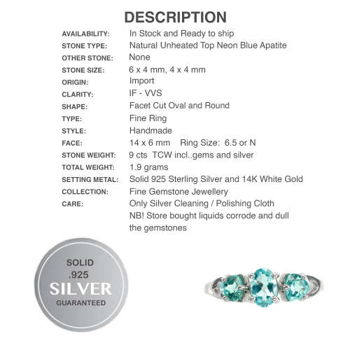 Natural Unheated Apatite, White Cubic Zirconia Solid .925 Silver 14K White Gold Ring Size 6.5 or N