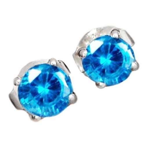 Handmade Blue Topaz Round Gemstone set in .925 Sterling Silver Plated Handmade Stud Earrings