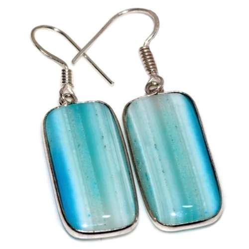 Natural Blue Botswana Lace Agate Gemstone in .925 Sterling Silver Plated Handmade Earrings