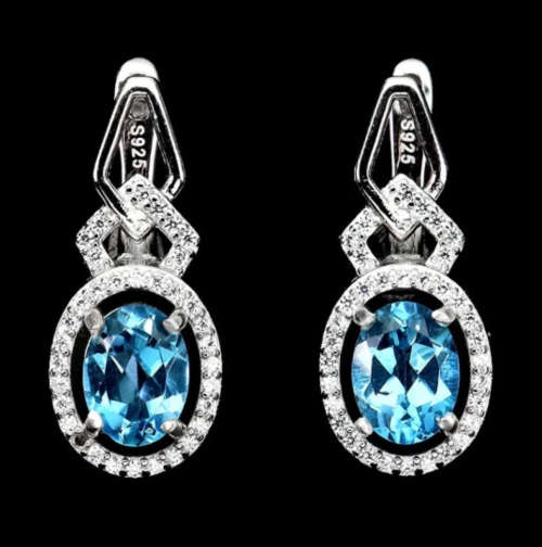 Natural Swiss Blue Topaz White Cubic Zirconia Gemstone Solid .925 Silver 14K White Gold Earrings