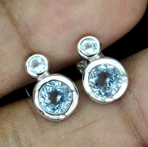 Dainty Natural Sky Blue Topaz Gemstone set in Solid .925 Silver 14K White Gold Earrings