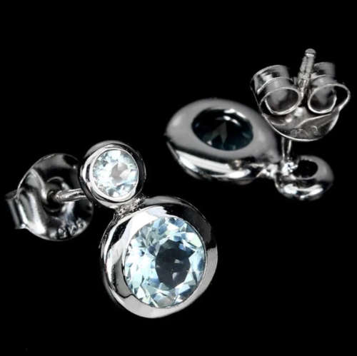 Dainty Natural Sky Blue Topaz Gemstone set in Solid .925 Silver 14K White Gold Earrings