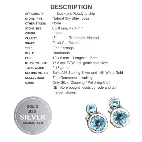 Dainty Natural Sky Blue Topaz Gemstone set in Solid .925 Silver 14K White Gold Earrings