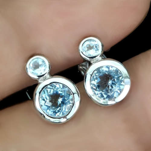 Dainty Natural Sky Blue Topaz Gemstone set in  Solid .925 Sterling Silver 14K White Gold Necklace