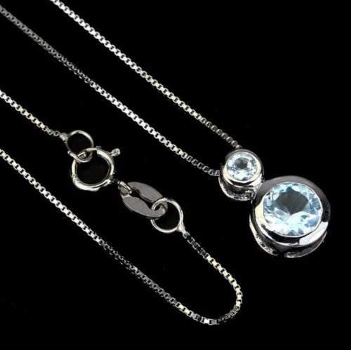 Dainty Natural Sky Blue Topaz Gemstone set in  Solid .925 Sterling Silver 14K White Gold Necklace