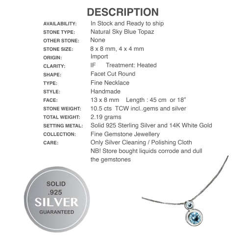 Dainty Natural Sky Blue Topaz Gemstone set in  Solid .925 Sterling Silver 14K White Gold Necklace