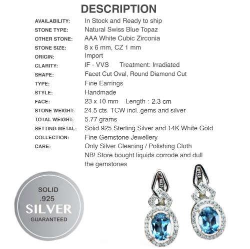 Natural Swiss Blue Topaz White Cubic Zirconia Gemstone Solid .925 Silver 14K White Gold Earrings