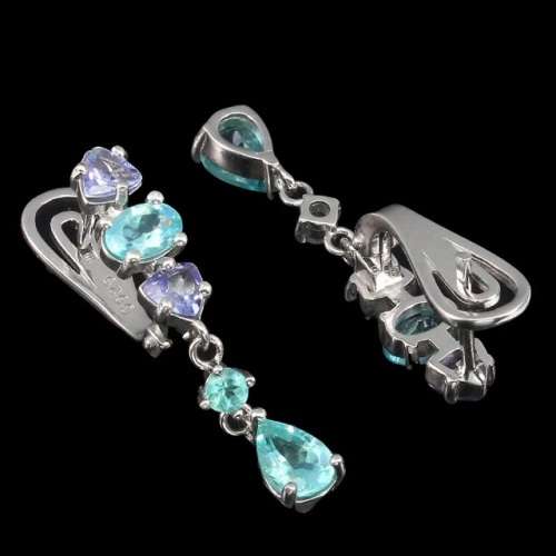 Rare Natural Unheated Tanzanite and Apatite Solid .925 Silver & White Gold Earrings
