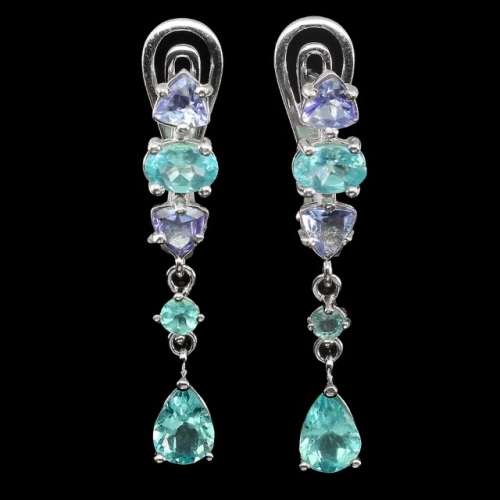 Rare Natural Unheated Tanzanite and Apatite Solid .925 Silver & White Gold Earrings