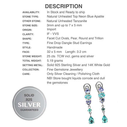 Rare Natural Unheated Tanzanite and Apatite Solid .925 Silver & White Gold Earrings
