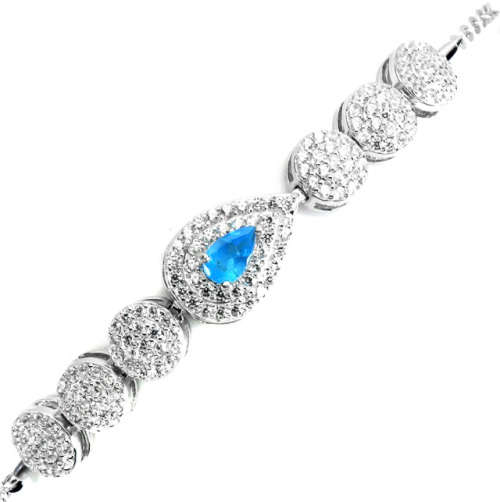 Natural Unheated Apatite, White Cubic Zirconia Gemstone Solid .925 Silver 14K White Gold Bracelet