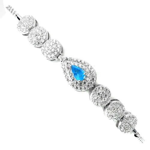 Natural Unheated Apatite, White Cubic Zirconia Gemstone Solid .925 Silver 14K White Gold Bracelet