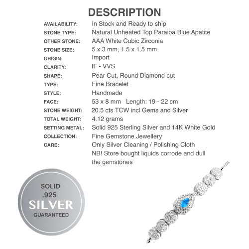 Natural Unheated Apatite, White Cubic Zirconia Gemstone Solid .925 Silver 14K White Gold Bracelet