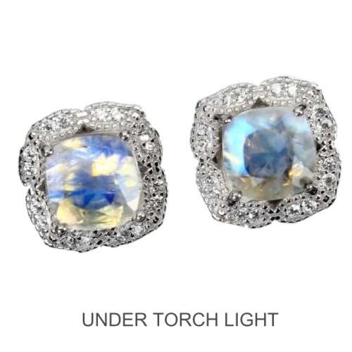 Natural Unheated Blue Schiller Moonstone, White Cubic Zirconia in Solid .925 Silver Stud Earrings