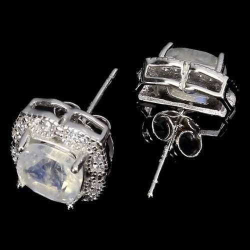 Natural Unheated Blue Schiller Moonstone, White Cubic Zirconia in Solid .925 Silver Stud Earrings