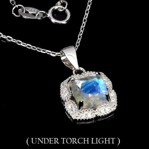 Natural Unheated Blue Schiller Moonstone, White Cubic Zirconia in Solid .925 Silver Stud Earrings