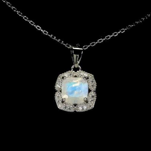 Natural Unheated Blue Schiller Moonstone, White Cubic Zirconia Solid .925  Silver Ring Size 7 or O