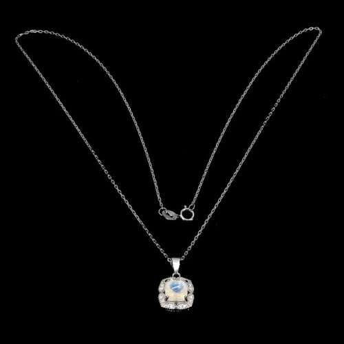 Natural Unheated Blue Schiller Moonstone, White Cubic Zirconia in Solid 925 Sterling Silver Necklace