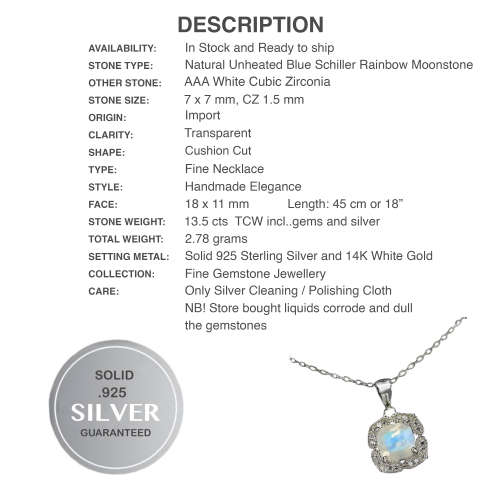 Natural Unheated Blue Schiller Moonstone, White Cubic Zirconia in Solid 925 Sterling Silver Necklace