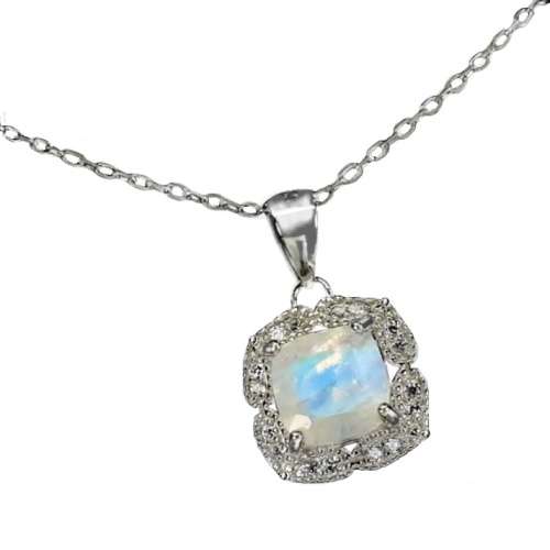 Natural Unheated Blue Schiller Moonstone, White Cubic Zirconia in Solid 925 Sterling Silver Necklace