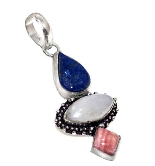 Natural Lapis Lazuli, Moonstone and Rhodochrosite Gemstone .925 Sterling Silver Plated Pendant