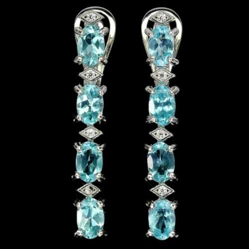 Natural Unheated Apatite, White Cubic Zirconia Gemstone Solid .925 Silver 14K White Gold Earrings