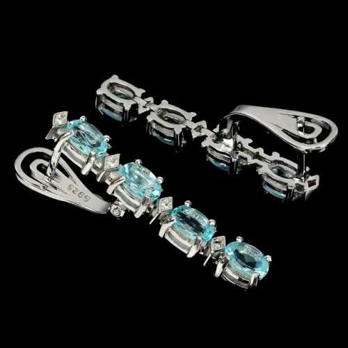 Natural Unheated Apatite, White Cubic Zirconia Gemstone Solid .925 Silver 14K White Gold Earrings
