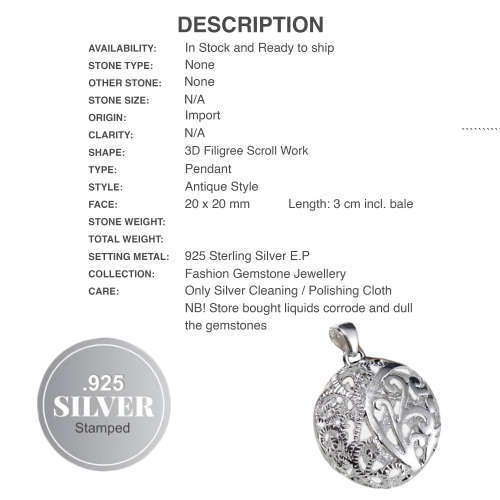 Hollow 3 D Floral Love Sphere with Flat Back in .925 Sterling Silver Plated Dainty Pendant