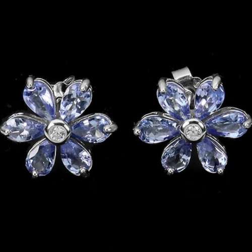 Natural Unheated Tanzanite and AAA White CZ in Solid .925 Silver 14K W/Gold Floral Stud Earrings