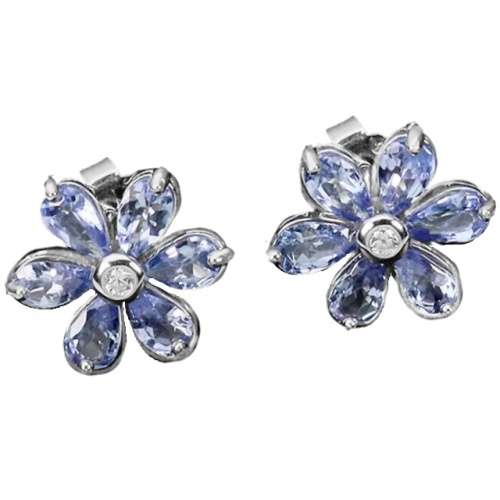 Natural Unheated Tanzanite and AAA White CZ in Solid .925 Silver 14K W/Gold Floral Stud Earrings