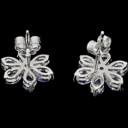Natural Unheated Tanzanite and AAA White CZ in Solid .925 Silver 14K W/Gold Floral Stud Earrings