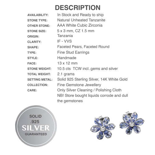 Natural Unheated Tanzanite and AAA White CZ in Solid .925 Silver 14K W/Gold Floral Stud Earrings