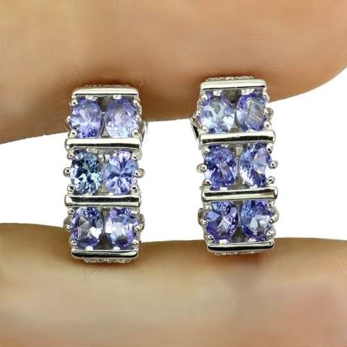 Deluxe Natural Unheated Tanzanite and White CZ Gemstone Solid .925 Silver & White Gold Earrings