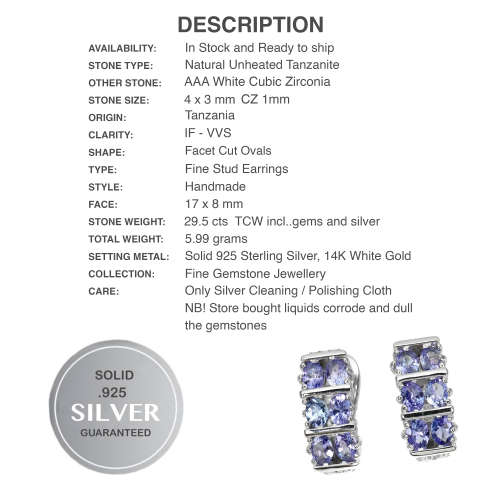 Deluxe Natural Unheated Tanzanite and White CZ Gemstone Solid .925 Silver & White Gold Earrings