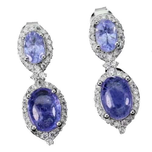 Deluxe Natural Unheated Tanzanite and White CZ Gemstone Solid .925 Silver & White Gold Earrings