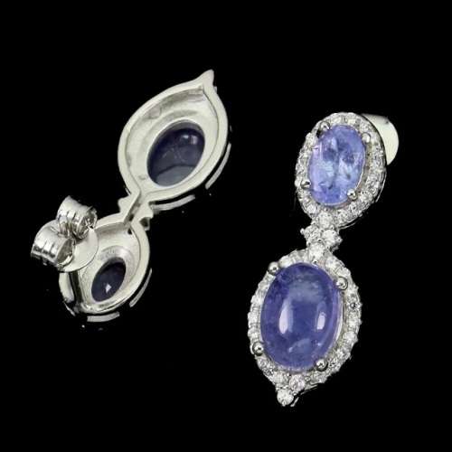 Deluxe Natural Unheated Tanzanite and White CZ Gemstone Solid .925 Silver & White Gold Earrings