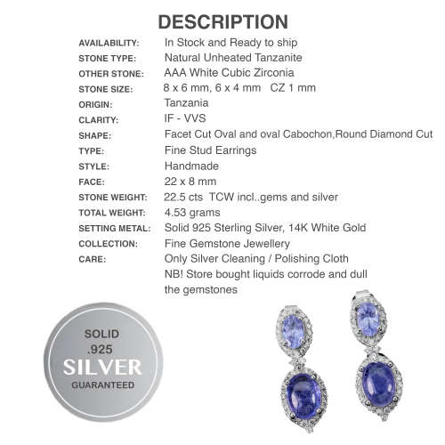 Deluxe Natural Unheated Tanzanite and White CZ Gemstone Solid .925 Silver & White Gold Earrings