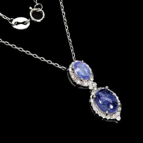 Deluxe Natural Unheated Tanzanite and White CZ Gemstone Solid .925 Silver & White Gold Necklace