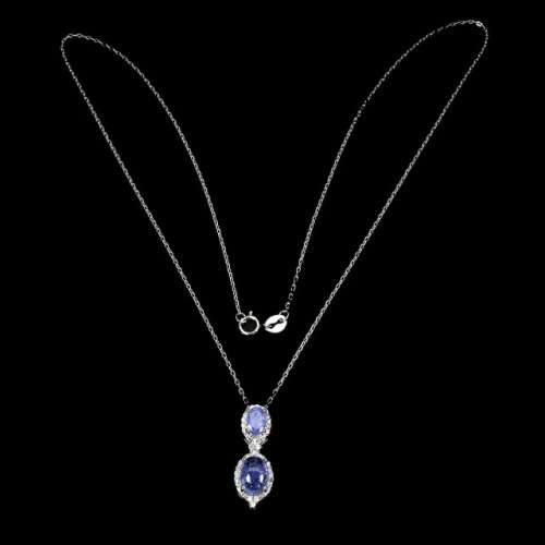 Deluxe Natural Unheated Tanzanite and White CZ Gemstone Solid .925 Silver & White Gold Necklace