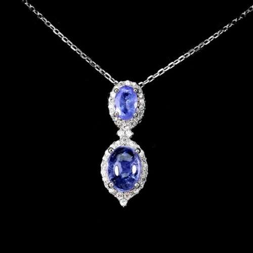 Deluxe Natural Unheated Tanzanite and White CZ Gemstone Solid .925 Silver & White Gold Necklace