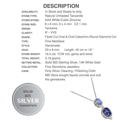 Deluxe Natural Unheated Tanzanite and White CZ Gemstone Solid .925 Silver & White Gold Necklace