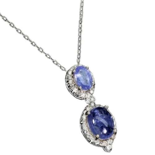 Deluxe Natural Unheated Tanzanite and White CZ Gemstone Solid .925 Silver & White Gold Necklace