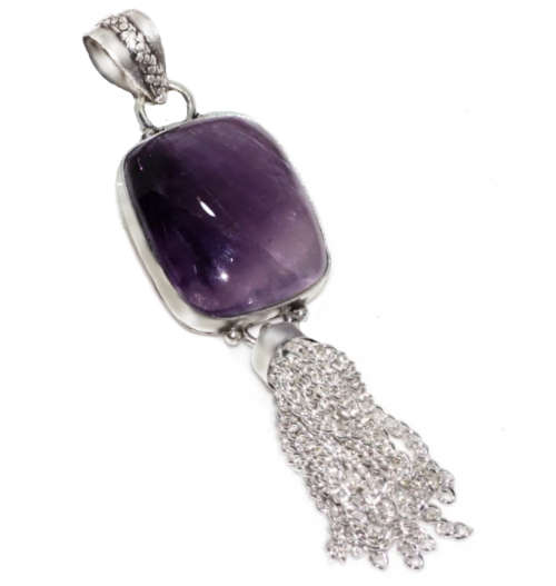 Natural Purple Amethyst Gemstone .925 Sterling Silver Plated Handmade Tassel Pendant