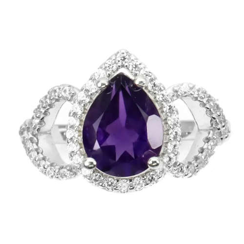 Natural Unheated Purple Amethyst, White Cz in Solid .925 Silver 14K White Gold Ring 7 / O