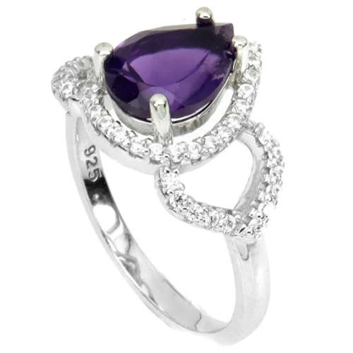 Natural Unheated Purple Amethyst, White Cz in Solid .925 Silver 14K White Gold Ring 7 / O